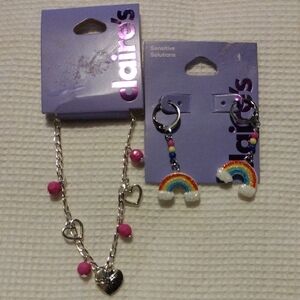 Claire's Rainbow Earrings and Heart Charm Bracelet Set - Pink and Multicolor